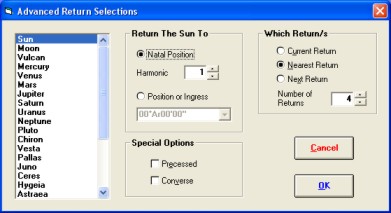 Solar and Lunar Return Selections in Solar Fire