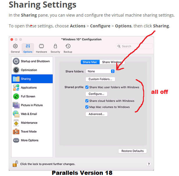 Screenshot of parallels sharing setting