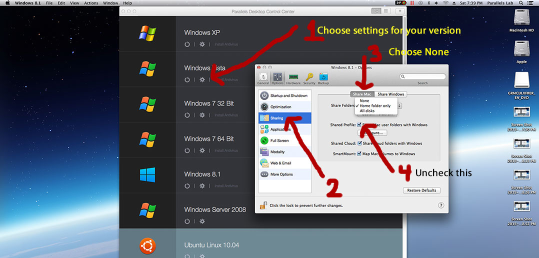 Screenshot of parallels sharing setting